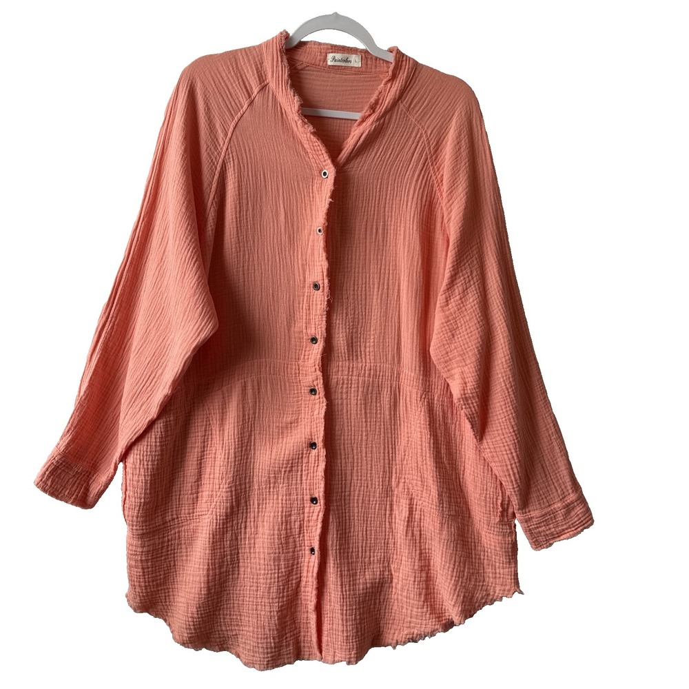 Boho Coastal Peach Cotton Gauze Oversized Raw Frayed Pocket Tunic Dress L Beach